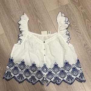 Calypso St Barth White Blue Seashell Embroidered Sleepwear Top Small 100% Cotton